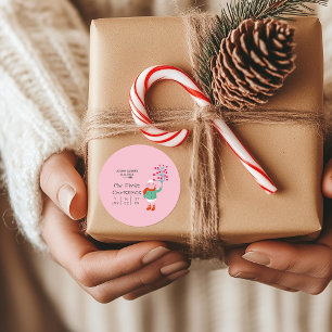 Baby’s First Christmas - Cute Lamb art on pink Classic Round Sticker