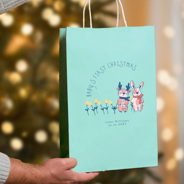 Baby’s First Christmas cute Reindeer Friends Medium Gift Bag (Creator Uploaded)