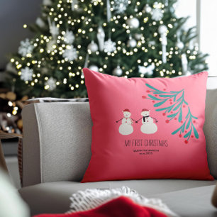 Baby’s First Christmas - cute Snowman Duo on pink Cushion