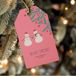 Baby’s First Christmas - cute Snowman Duo on pink Gift Tags