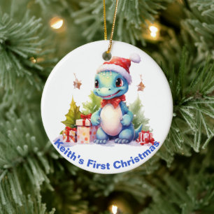 Baby’s First Christmas Dinosaur.  Customisable  Ceramic Tree Decoration