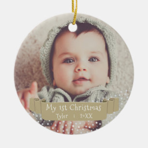Baby`s First Christmas Golden Ribbon Photo Ceramic Tree Decoration