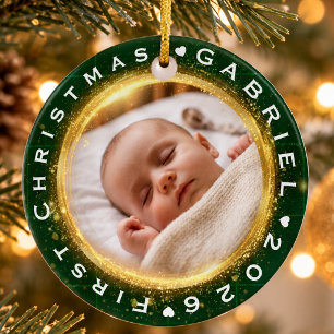 Baby’s First Christmas Green Gold Photo Keepsake Ceramic Tree Decoration