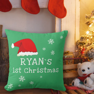 Baby`s First Christmas Green Santa Hat Snowflake Cushion