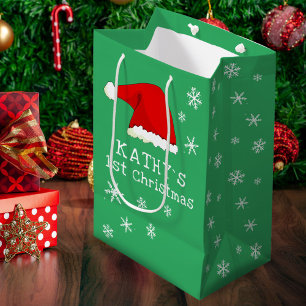 Baby`s First Christmas Green Santa Hat Snowflake Medium Gift Bag