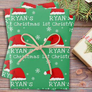 Baby`s First Christmas Green Santa Hat Snowflake Wrapping Paper Sheet