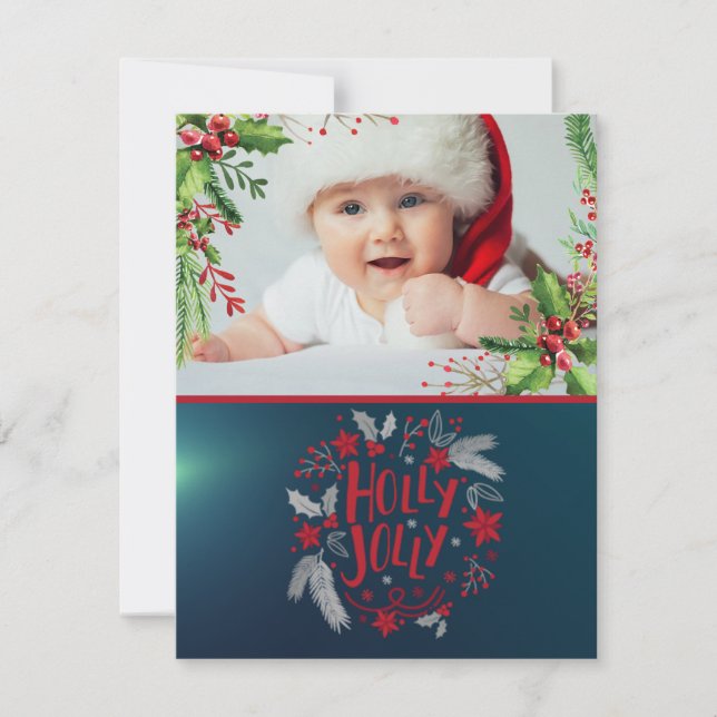 Baby’s First Christmas, Holly Berries, Photo,Green Holiday Card (Front)