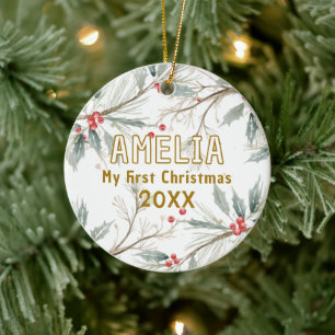 Baby`s First Christmas Holly Winter Foliage Photo Ceramic Tree Decoration