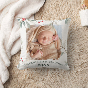 Baby`s First Christmas Holly Winter Foliage Photo Cushion