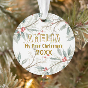 Baby`s First Christmas Holly Winter Foliage Photo Ornament