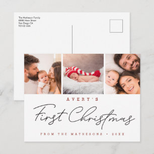 Baby’s First Christmas Modern 3 photo Collage Red Holiday Postcard