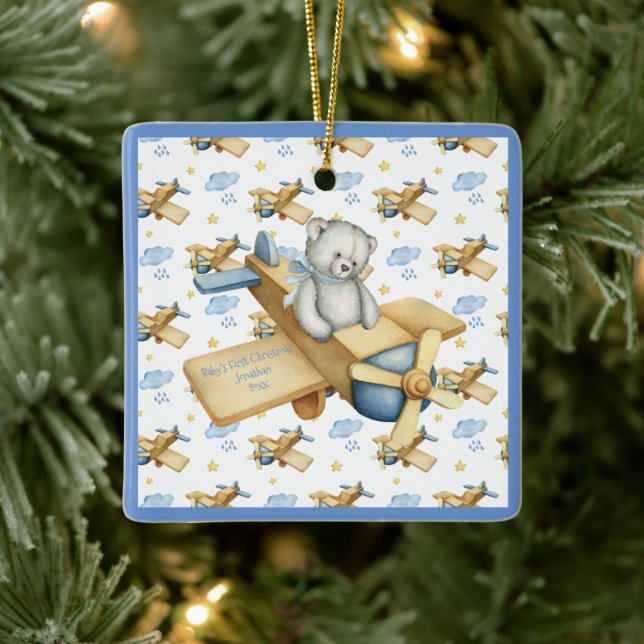 Baby’s First Christmas Personalise Blue Cute Baby Ceramic Ornament (Tree)