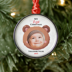 Baby’s First Christmas Photo, Cute Teddy Bear Fac Metal Tree Decoration