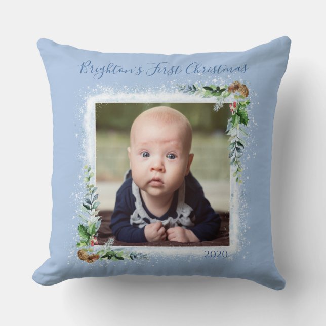Baby’s First Christmas Photo Name Date Snowflakes Cushion (Front)