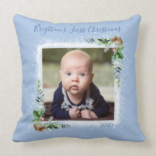 Baby’s First Christmas Photo Name Date Snowflakes Cushion