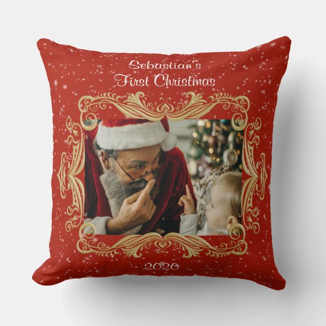 Baby’s First Christmas Photo Template Name Date Cushion (Front)