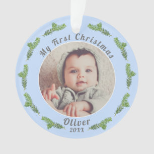 Baby`s First Christmas Pine Blue Photo Ornament