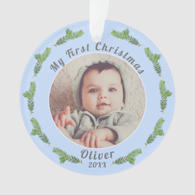 Baby`s First Christmas Pine Blue Photo Ornament (Front)