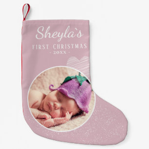 Baby`s First Christmas Pink Heart Photo Small Christmas Stocking