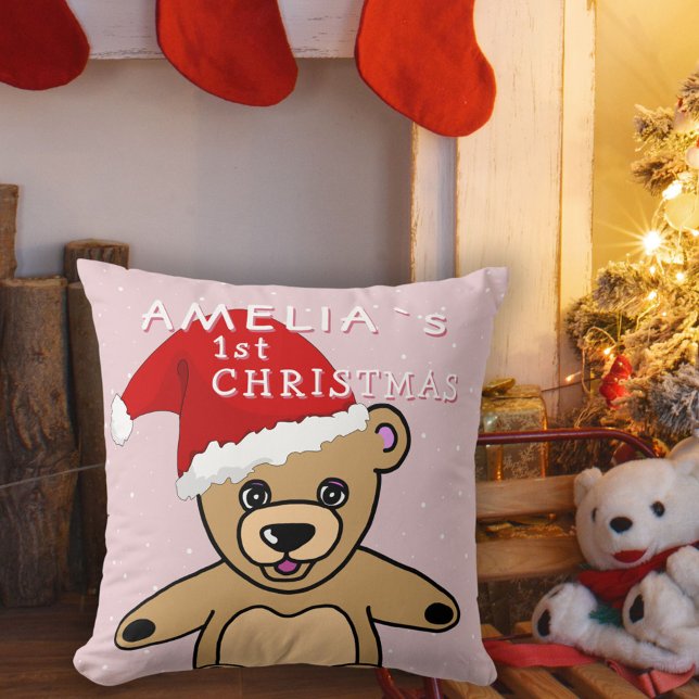 Baby`s First Christmas Pink Teddy Bear Santa Hat Cushion (Creator Uploaded)