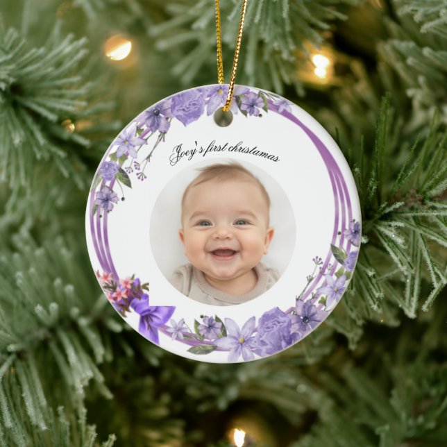 Baby’s First Christmas – Purple Floral Wreath Ceramic Tree Decoration (Tree)