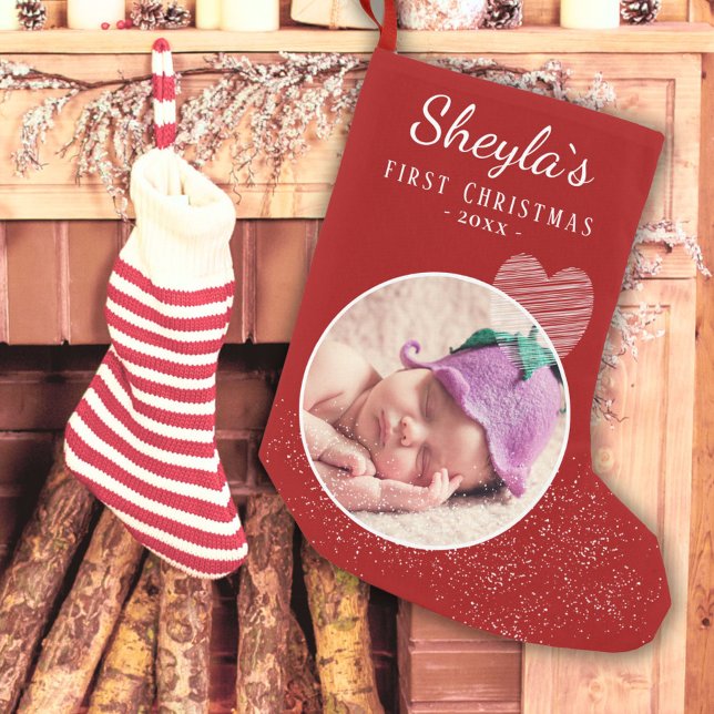 Baby`s First Christmas Red Heart Photo Small Christmas Stocking (Creator Uploaded)