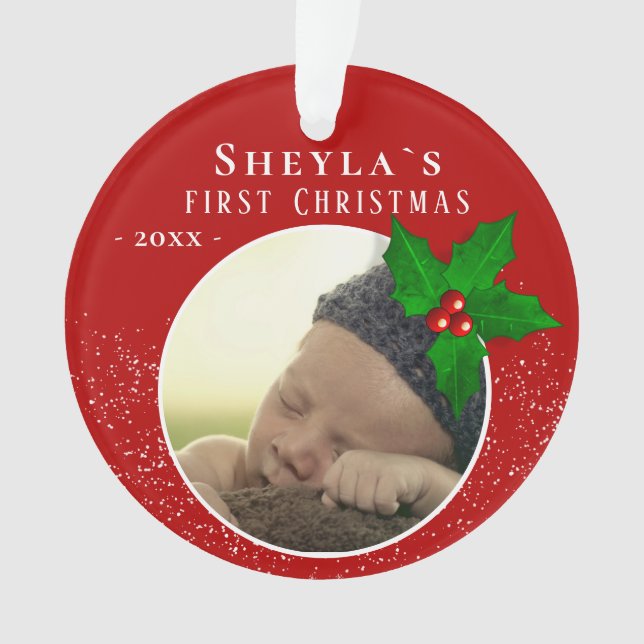 Baby`s First Christmas Red Holly Berry Photo Ornament (Front)