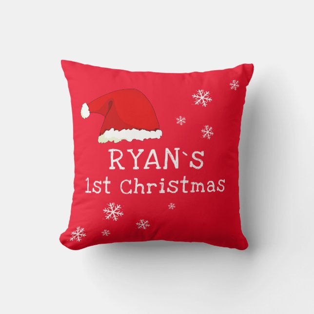 Baby`s First Christmas Red Santa Hat Snowflake Cushion (Front)