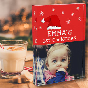 Baby`s First Christmas Red Santa Hat Snowflake Photo Block