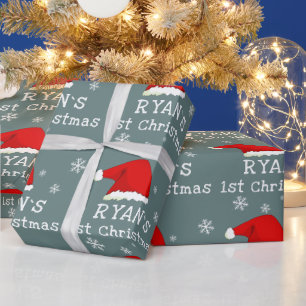 Baby`s First Christmas Red Santa Hat Snowflake Wrapping Paper