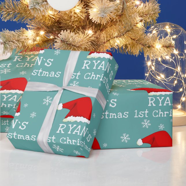 Baby`s First Christmas Red Santa Hat Snowflake  Wrapping Paper (Holidays)