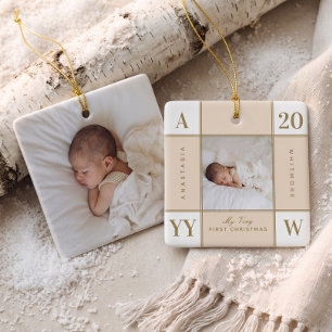 Baby’s First Christmas Retro Chequered Photo Ceramic Ornament