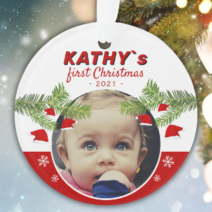 Baby`s First Christmas Santa Hat Pine Photo  Ornam Ornament