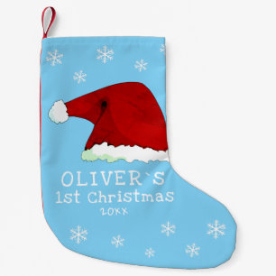 Baby`s First Christmas Santa Hat Snowflake Blue Small Christmas Stocking