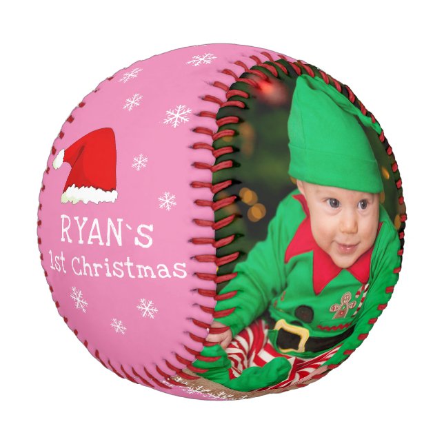 Baby`s First Christmas Santa Hat Snowflake Photo  Baseball (Angled)