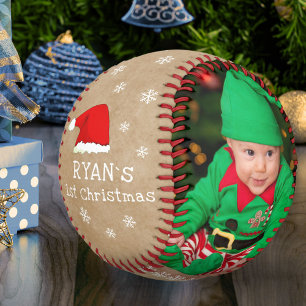 Baby`s First Christmas Santa Hat Snowflake Photo Baseball