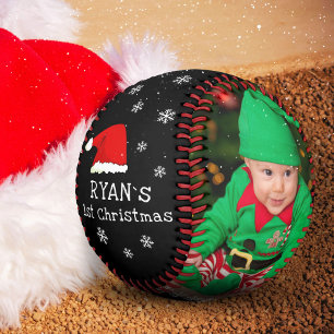 Baby`s First Christmas Santa Hat Snowflake Photo  Baseball
