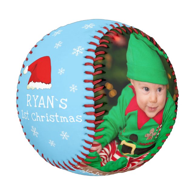 Baby`s First Christmas Santa Hat Snowflake Photo Baseball (Angled)