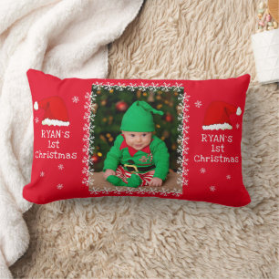 Baby`s First Christmas Santa Hat Snowflake Photo Lumbar Cushion
