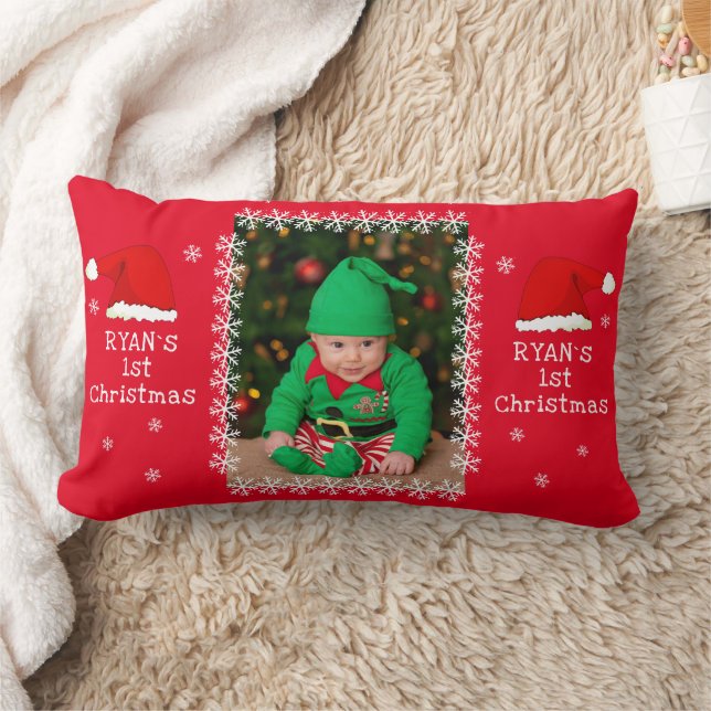 Baby`s First Christmas Santa Hat Snowflake Photo Lumbar Cushion (Blanket)