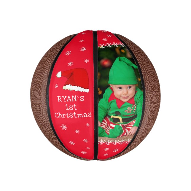 Baby`s First Christmas Santa Hat Snowflake Photo  Mini Basketball (Vertical)