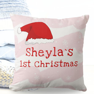 Baby`s First Christmas Santa Hat Snowflake Pink Cushion