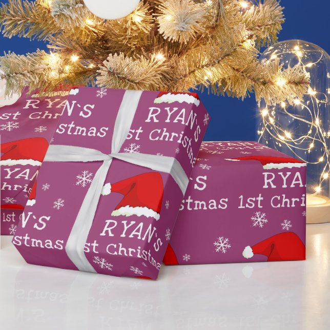 Baby`s First Christmas Santa Hat Snowflake Purple Wrapping Paper (Holidays)
