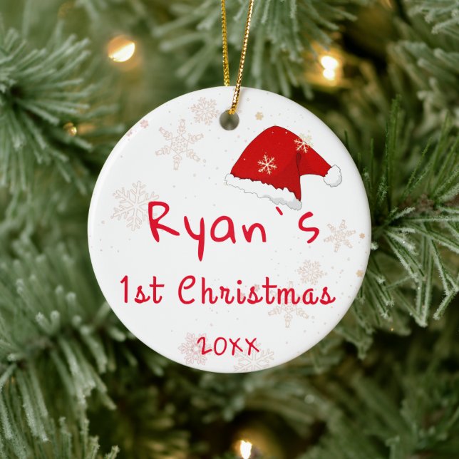 Baby`s First Christmas Santa Hat Snowflakes Photo Ceramic Tree Decoration (Tree)