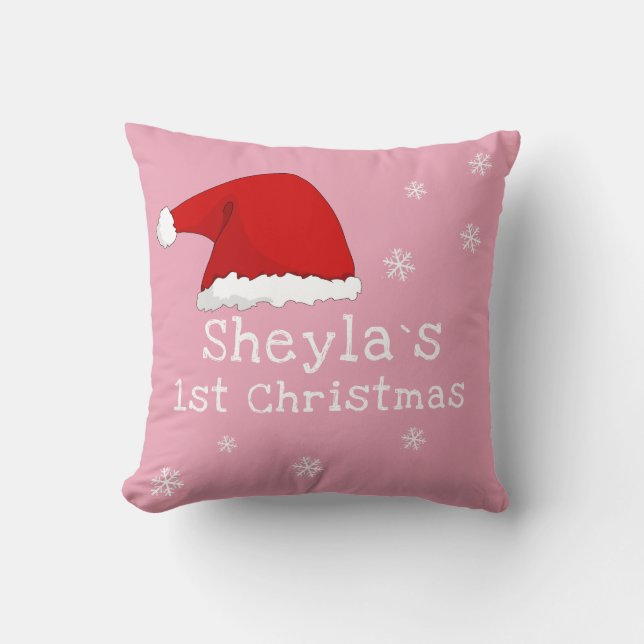 Baby`s First Christmas Santa Hat Snowflakes Pink Cushion (Front)
