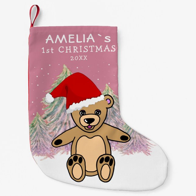 Baby`s First Christmas Teddy Bear Sant Hat Small Christmas Stocking (Front)