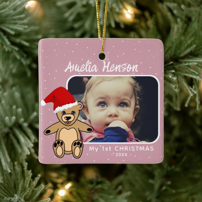 Baby`s First Christmas Teddy Bear Santa Hat Photo Ceramic Ornament (Tree)