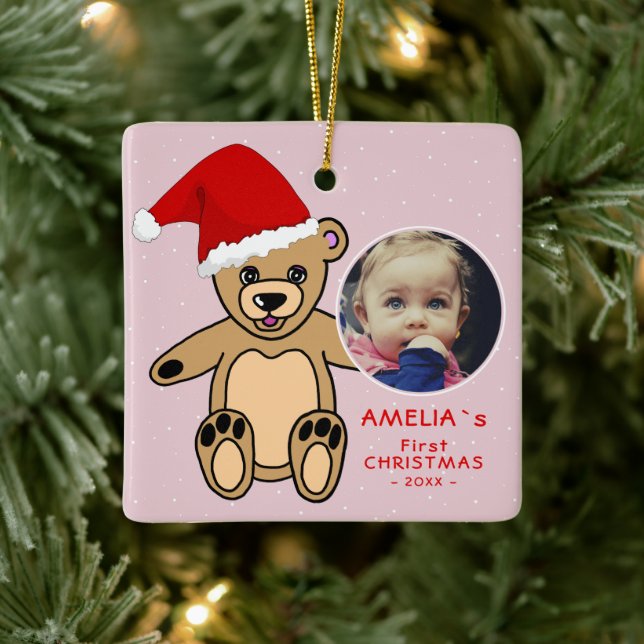 Baby`s First Christmas Teddy Bear Santa Hat Photo Ceramic Ornament (Tree)
