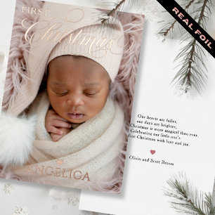 Baby’s First Christmas Typography Photo Name Foil Holiday Card