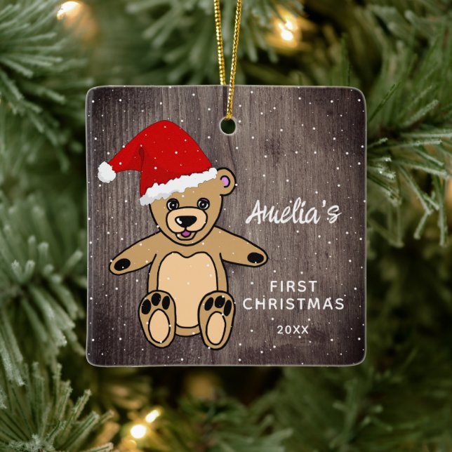Baby`s First Christmas Wood Teddy Bear Santa Hat  Ceramic Ornament (Tree)